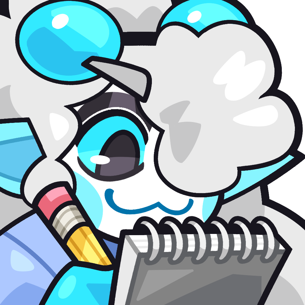 A chibi icon of Ceefax, a light skinned humanoid scientist with long white curly hair and blue eyes, writing on a notepad
