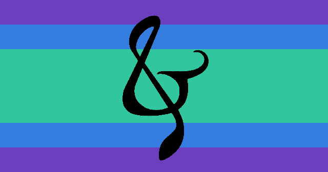 A flag with five stripes, purple, blue, green, blue, and purple. The plural treblesand, a symbol that combines the ampersand and treble clef, is in the center